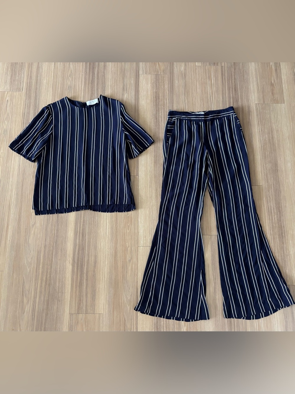 La Ligne Set Top Flare Pants 2 Piece Outfit Blue Stripe Womens S Preppy Nautical